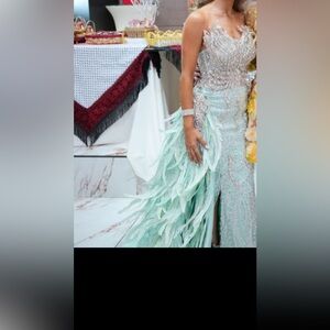 Elegant Feathered Gown in Mint and Silver